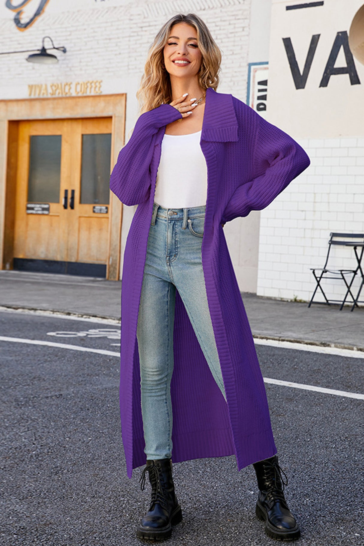 Lapel Ribbed Knit Open Front Cardigan