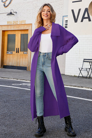 Lapel Ribbed Knit Open Front Cardigan