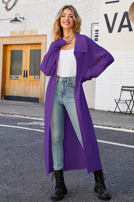 Lapel Ribbed Knit Open Front Cardigan