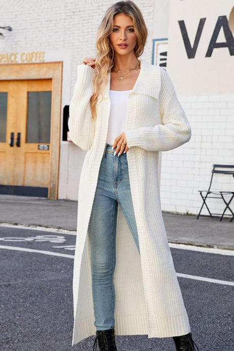 Lapel Ribbed Knit Open Front Cardigan