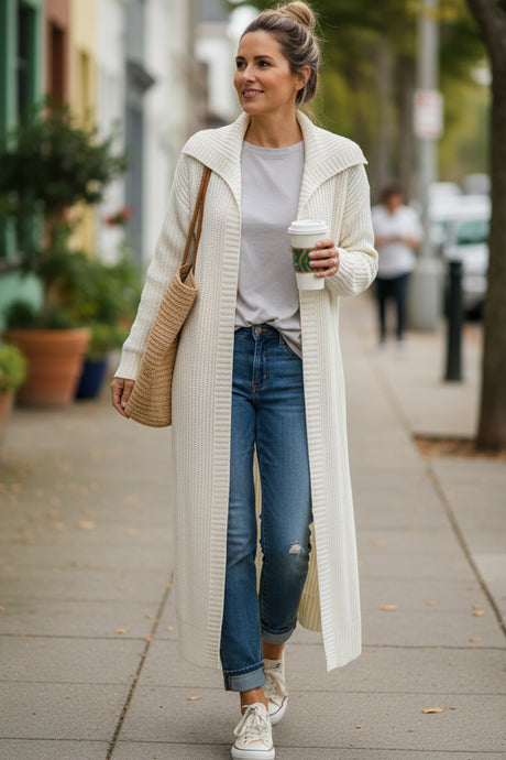 Lapel Ribbed Knit Open Front Cardigan