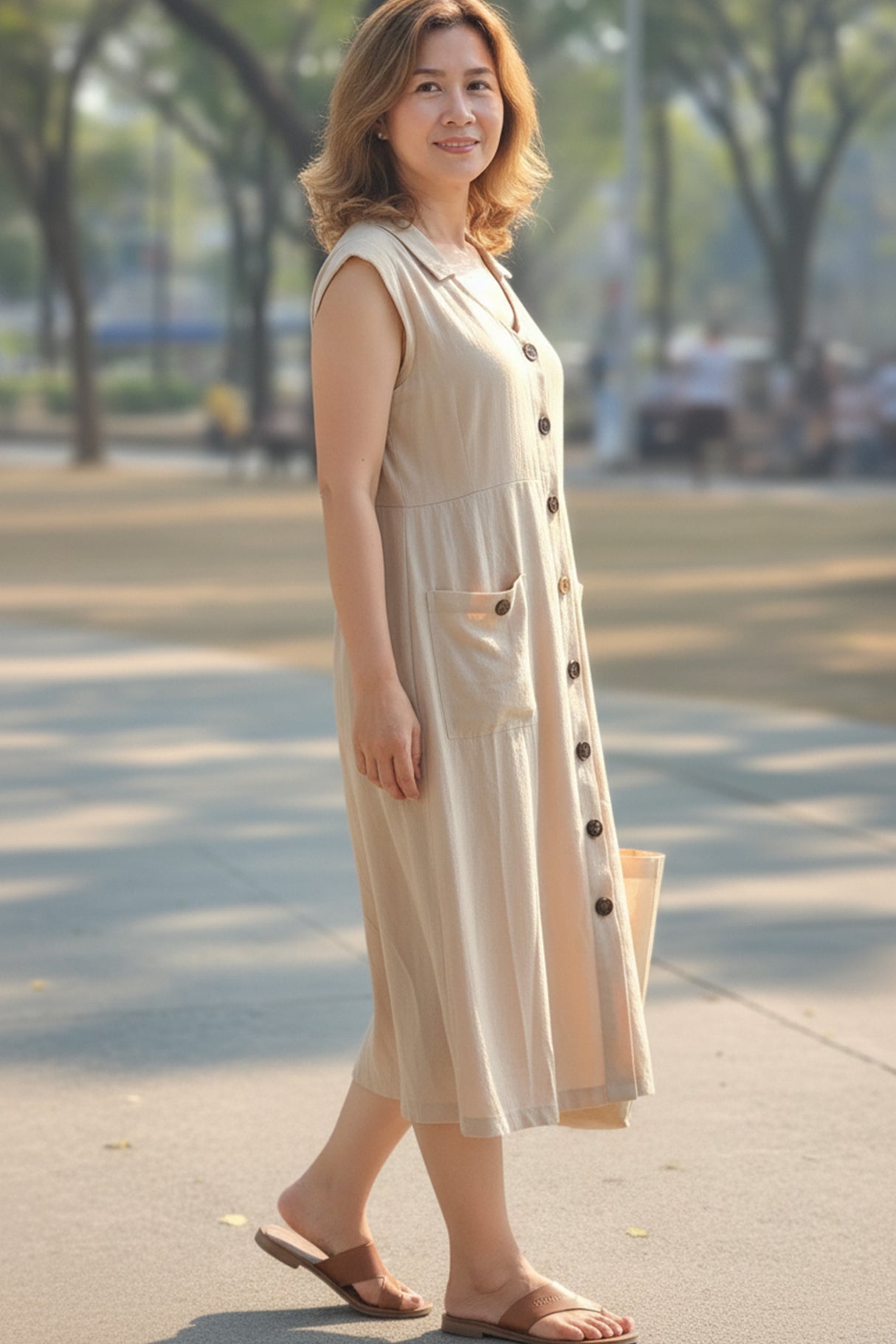 Lapel Single-breasted Tank Linen Midi Dress