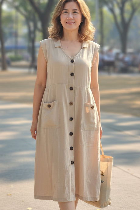 Lapel Single-breasted Tank Linen Midi Dress