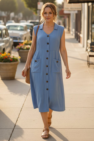 Lapel Single-breasted Tank Linen Midi Dress