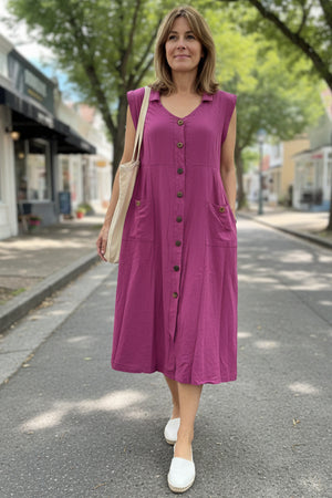 Lapel Single-breasted Tank Linen Midi Dress