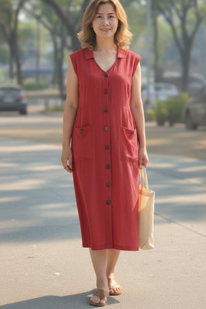 Lapel Single-breasted Tank Linen Midi Dress
