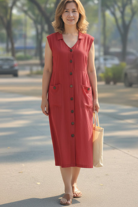 Lapel Single-breasted Tank Linen Midi Dress