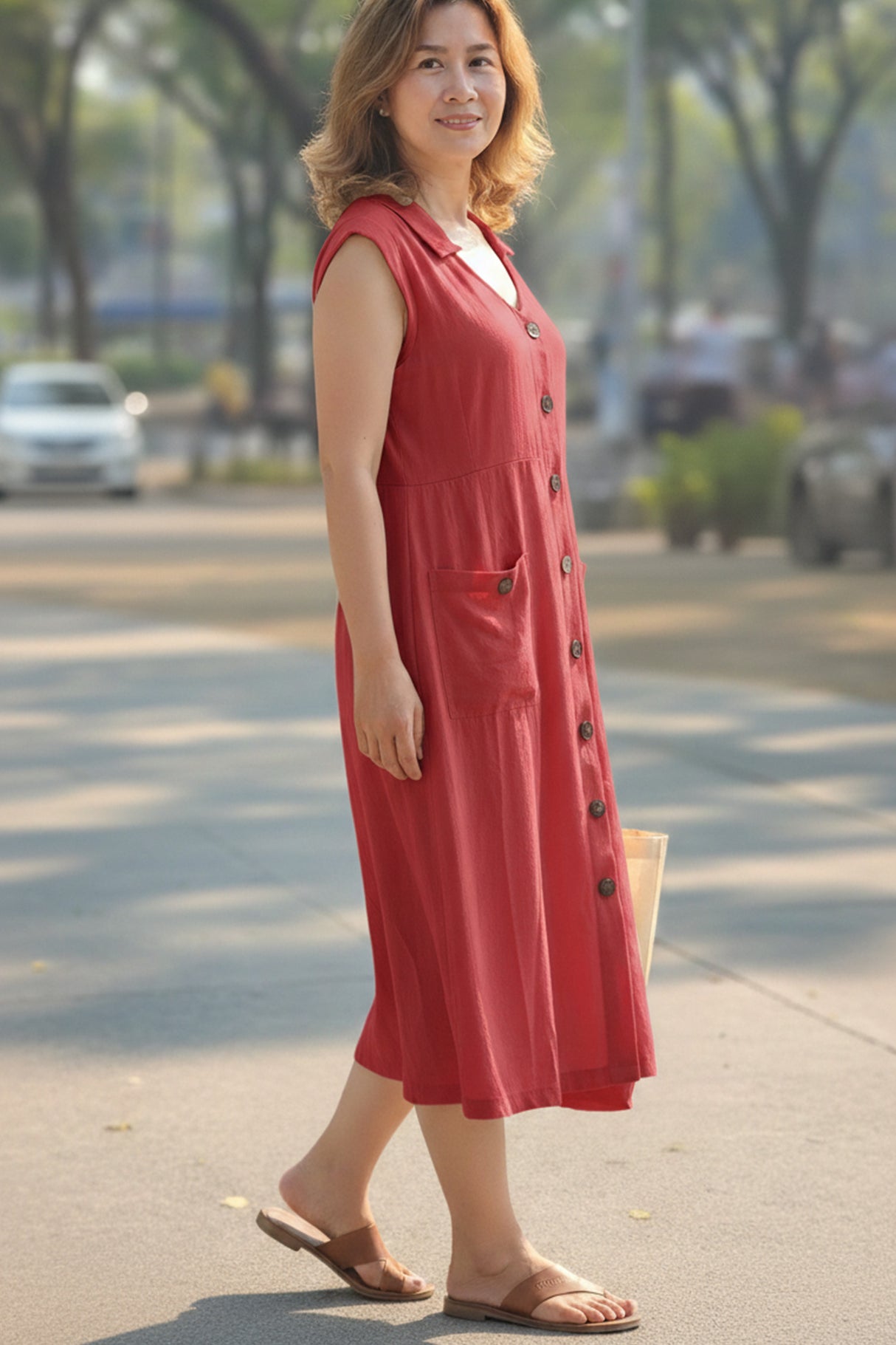 Lapel Single-breasted Tank Linen Midi Dress