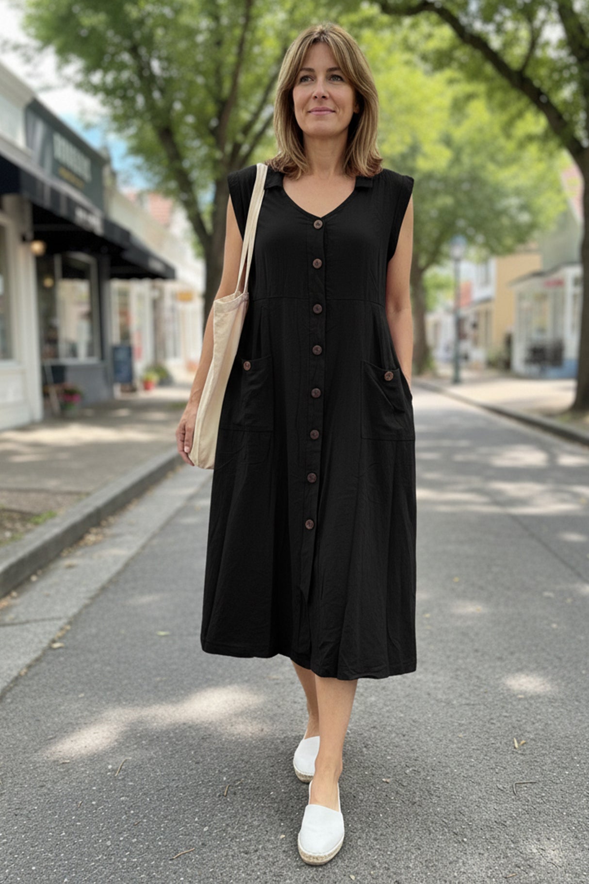 Lapel Single-breasted Tank Linen Midi Dress