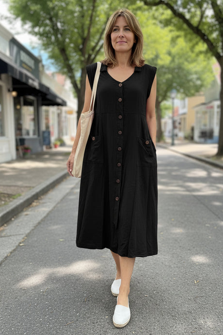 Lapel Single-breasted Tank Linen Midi Dress