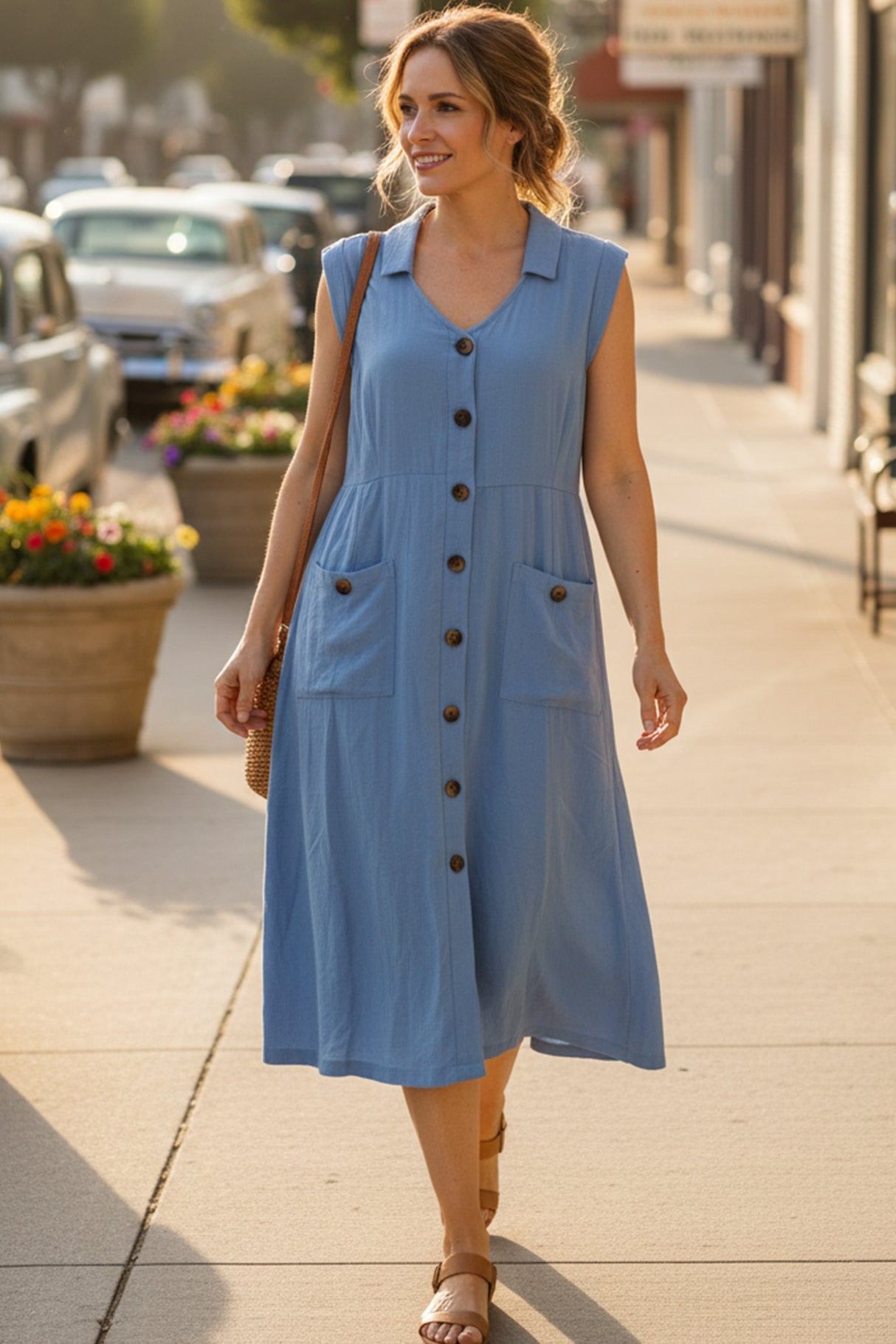 Lapel Single-breasted Tank Linen Midi Dress