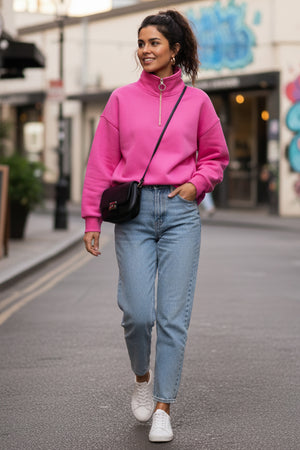 Lapel Solid Zipped Sweatshirt