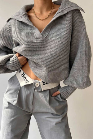 Lapel V Neck Puff Sleeve Sweater