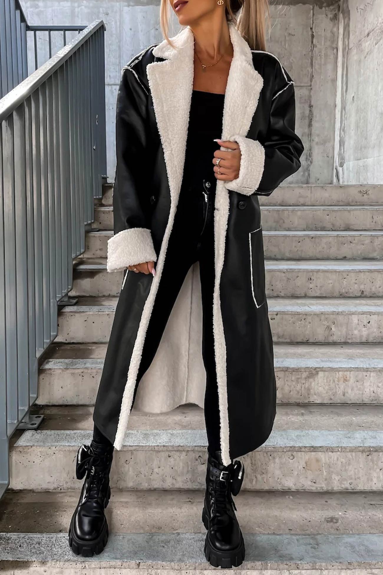 Leather Plush Patchwork Long Cardigan – AROLORA