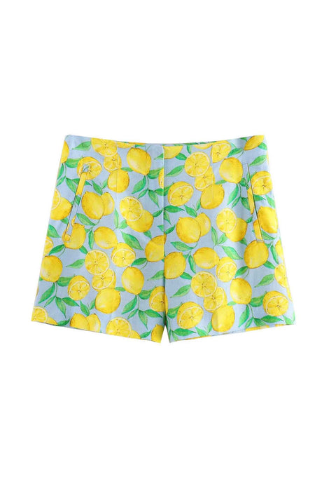 Arolora lemon-print-tie-up-shorts-two-piece-set