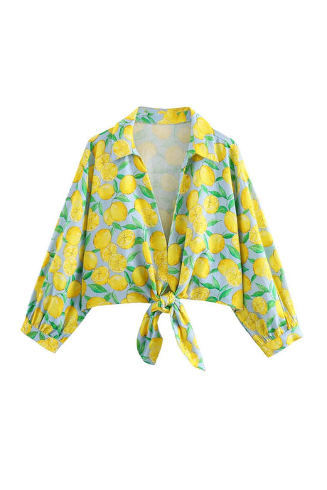 Arolora lemon-print-tie-up-shorts-two-piece-set