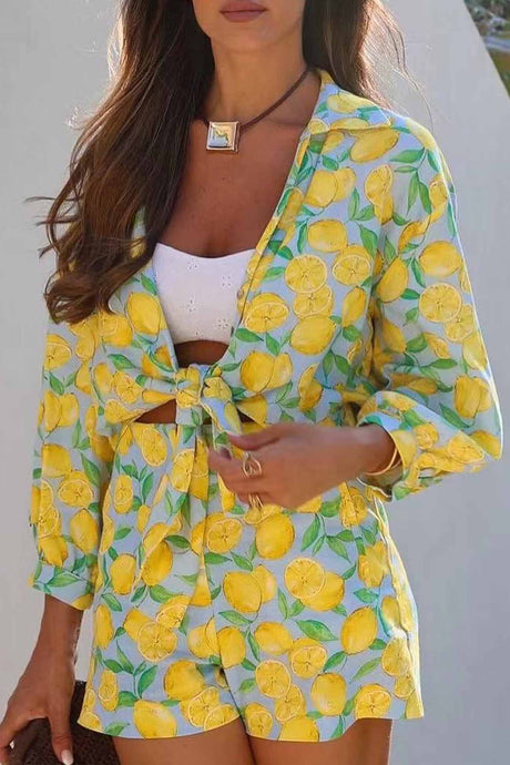 Arolora lemon-print-tie-up-shorts-two-piece-set