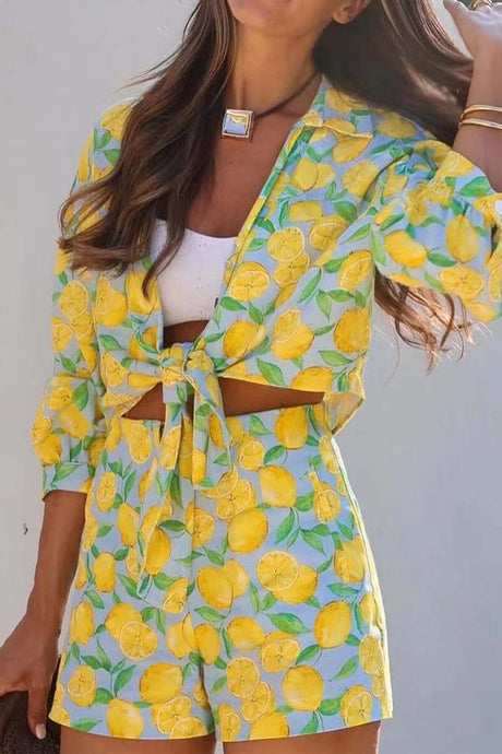 Arolora lemon-print-tie-up-shorts-two-piece-set