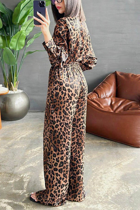 Arolora leopard-print-long-sleeve-blouse-set