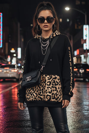 Leopard Print Patchwork Loose Hoodie