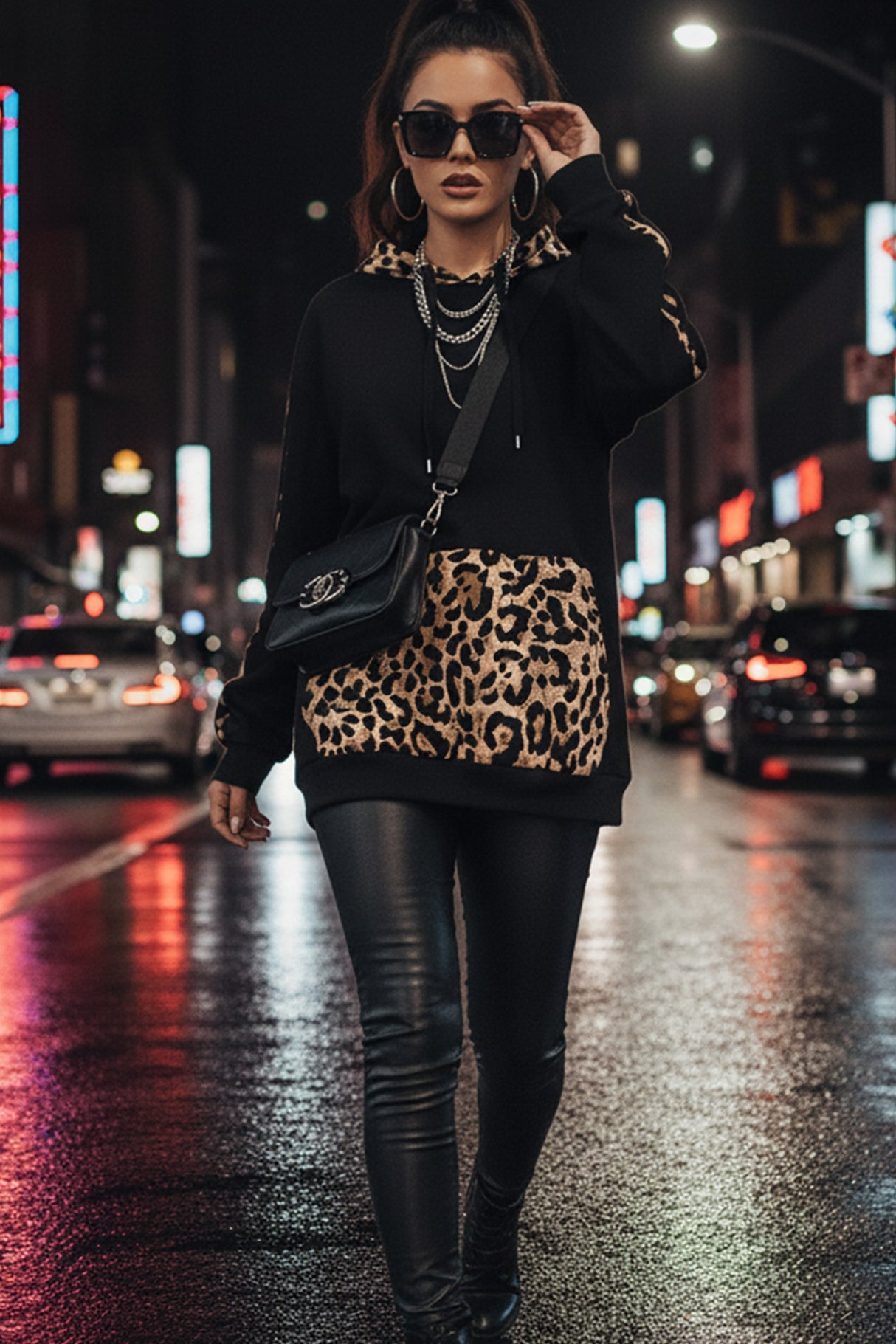 Leopard Print Patchwork Loose Hoodie