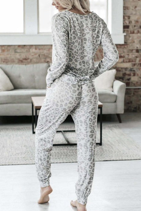 Arolora Leopard Print V Neck Long Sleeve Loungewear
