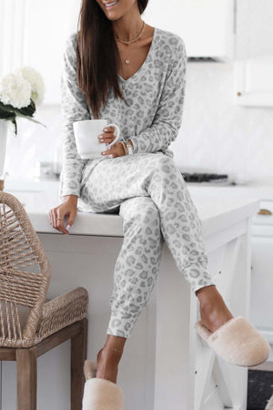 Arolora Leopard Print V Neck Long Sleeve Loungewear