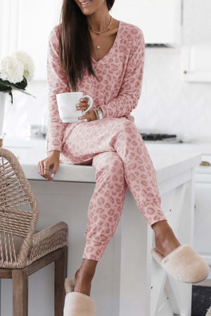 Arolora Leopard Print V Neck Long Sleeve Loungewear