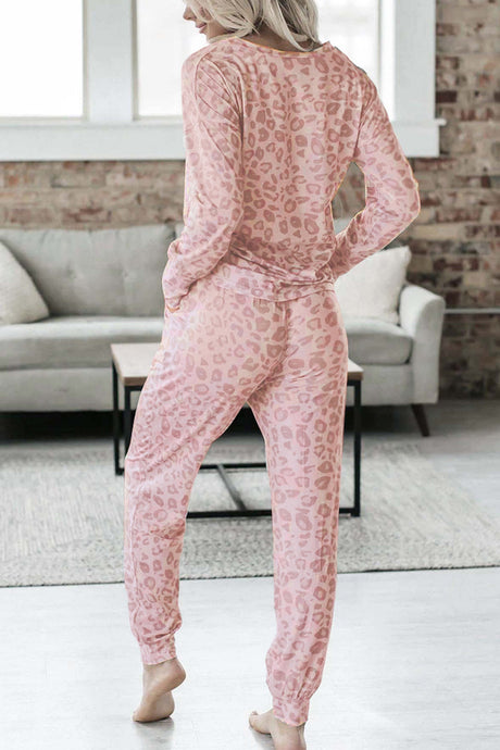 Arolora Leopard Print V Neck Long Sleeve Loungewear