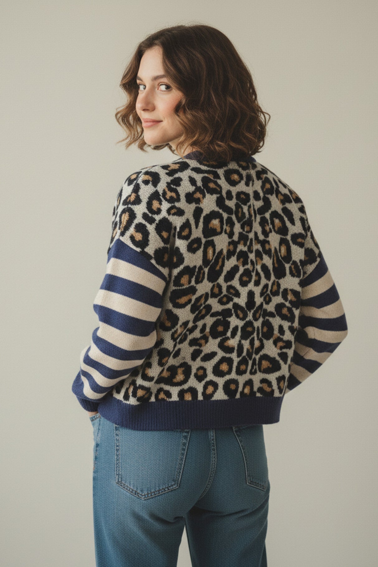 Leopard Striped Sleeve Patchwork Cardigan