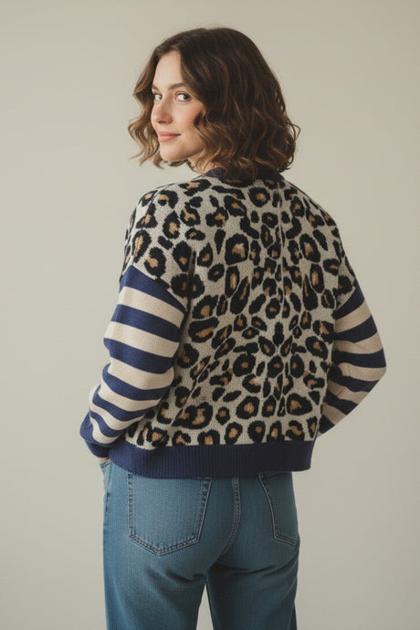 Leopard Striped Sleeve Patchwork Cardigan