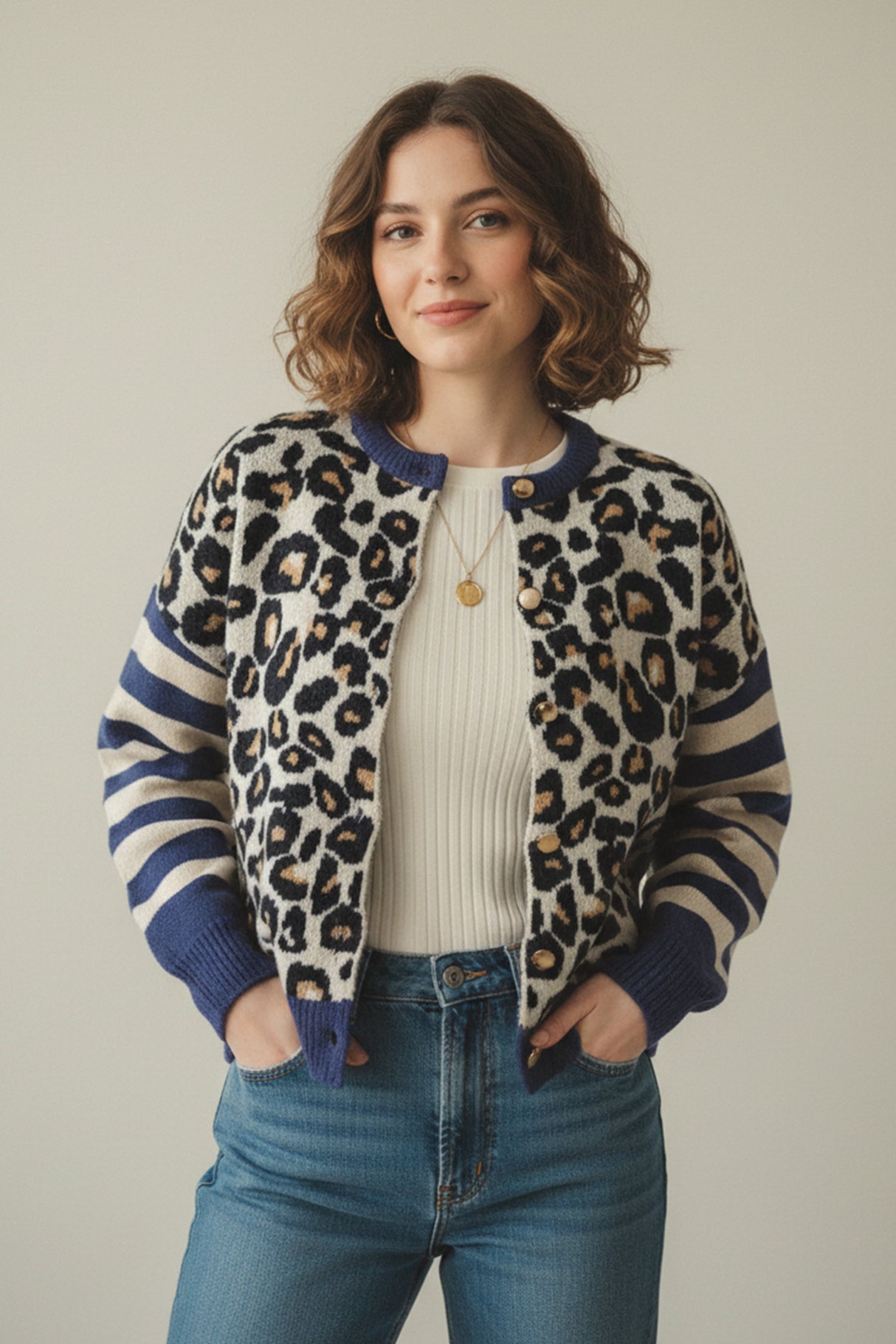 Leopard Striped Sleeve Patchwork Cardigan