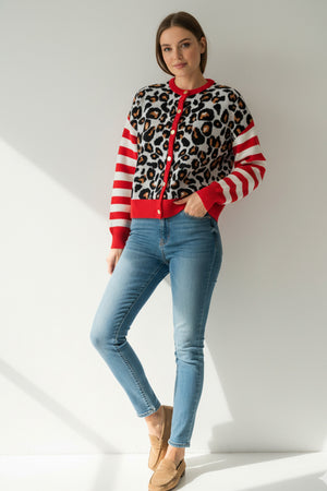 Leopard Striped Sleeve Patchwork Cardigan