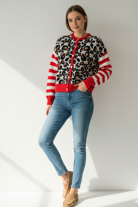 Leopard Striped Sleeve Patchwork Cardigan