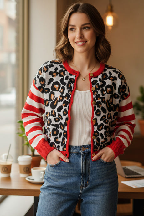 Leopard Striped Sleeve Patchwork Cardigan