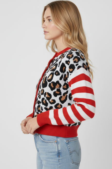 Leopard Striped Sleeve Patchwork Cardigan