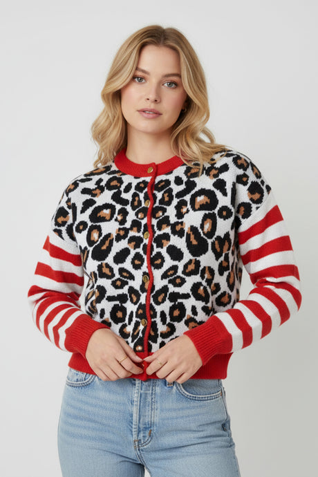 Leopard Striped Sleeve Patchwork Cardigan