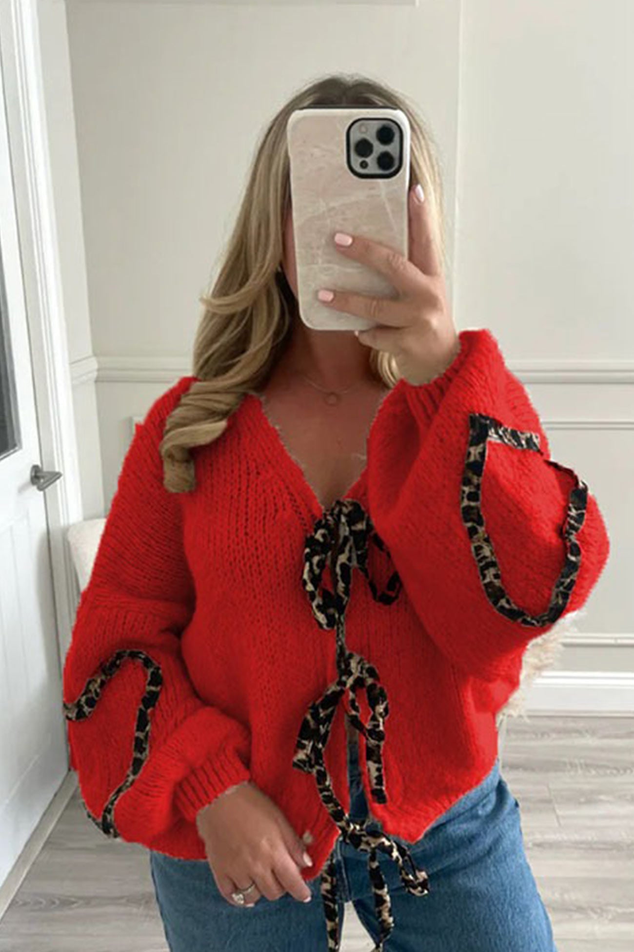 Arolora Leopard Tie-up Knit Cardigan