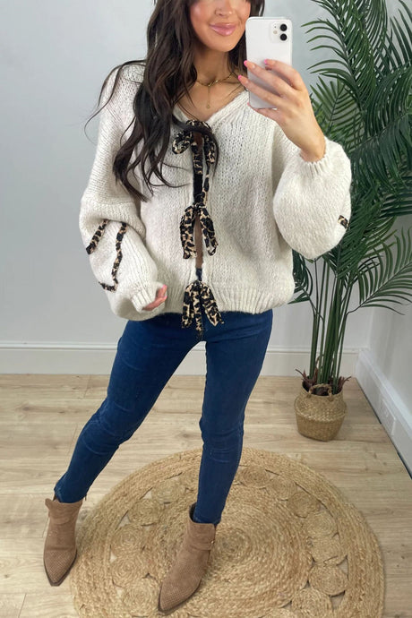 Arolora Leopard Tie-up Knit Cardigan