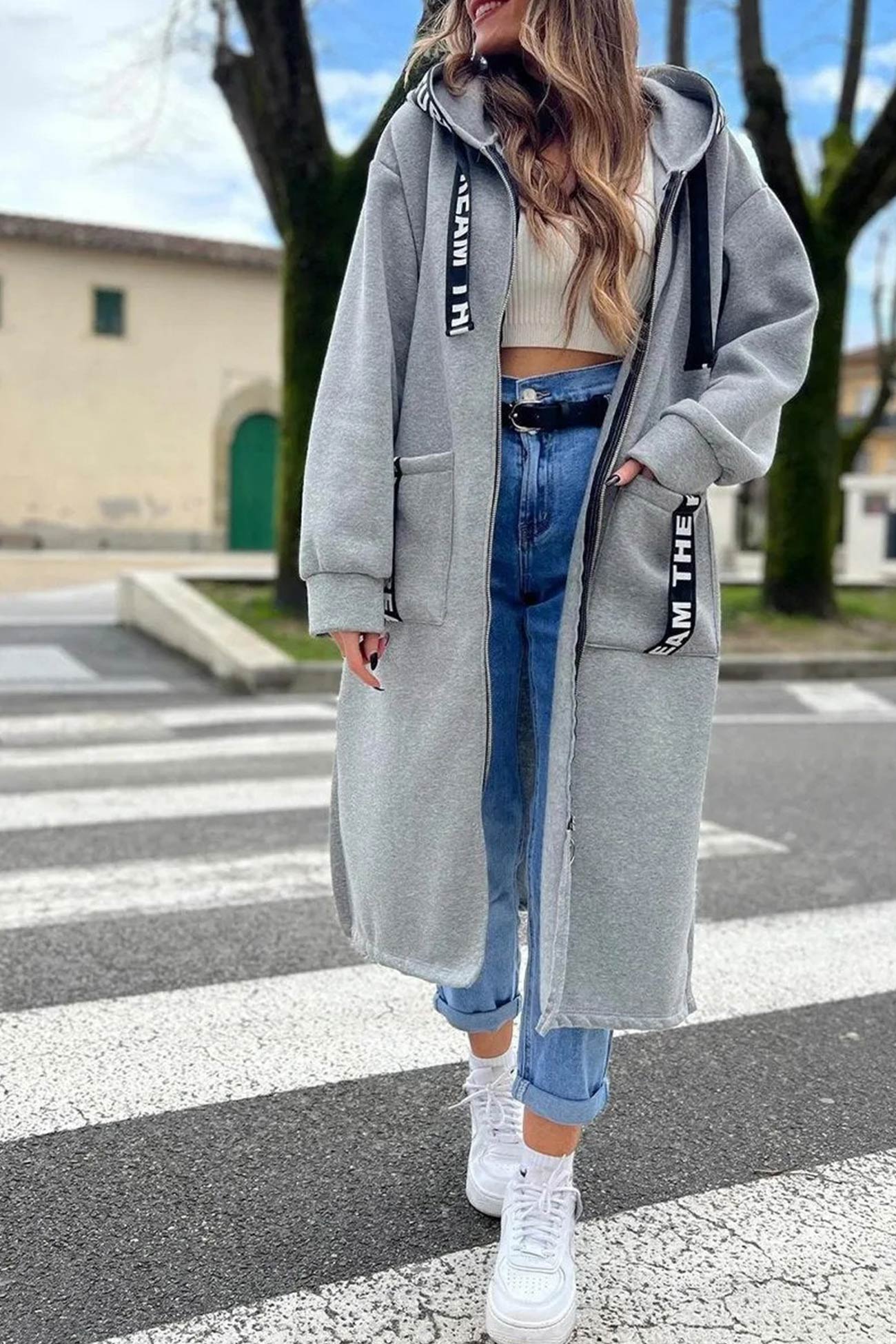 Arolora letter-drawstring-slit-long-hoodie