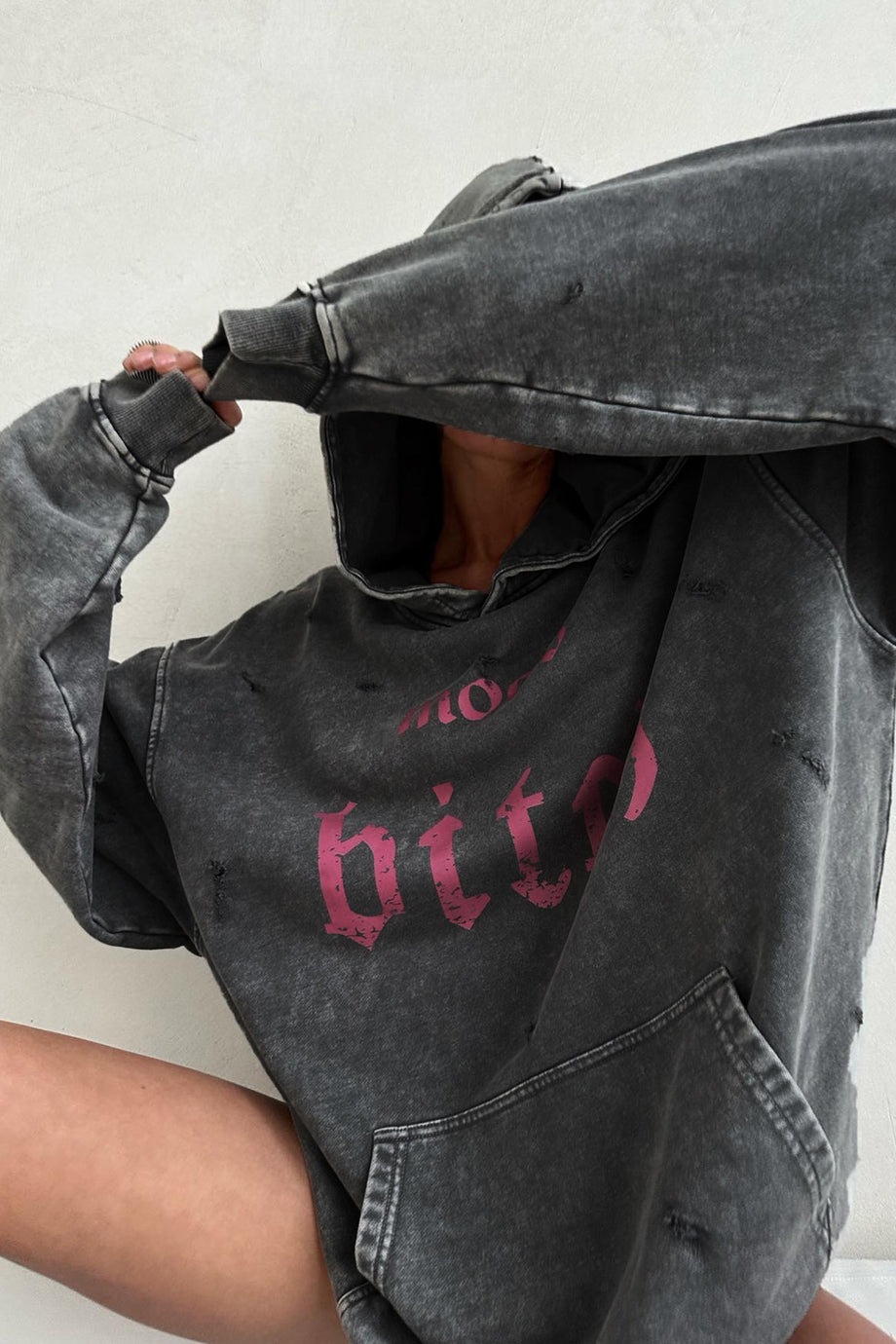 Distressed sales hooded sweatshirt