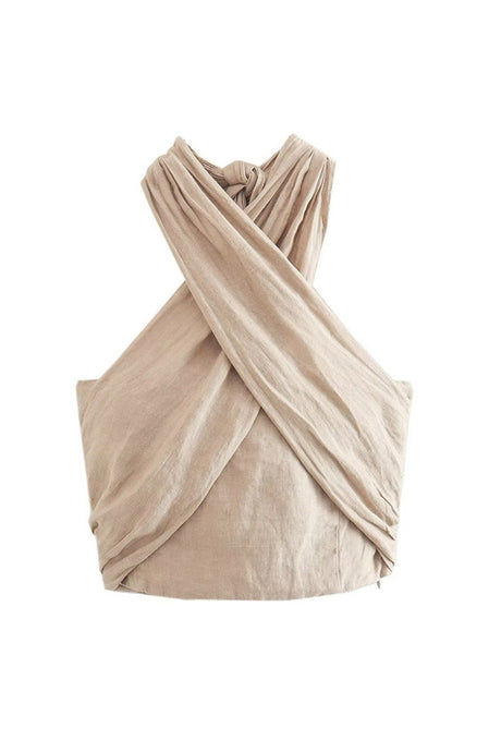 Arolora linen-crisscross-halterneck-tank-pants-suits