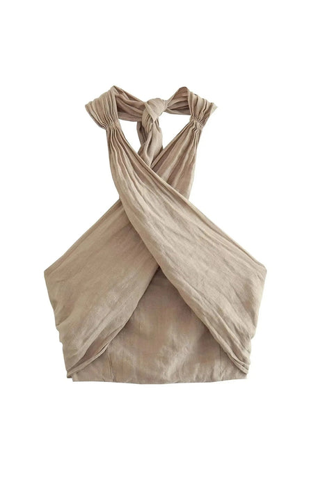 Arolora linen-crisscross-halterneck-tank-pants-suits