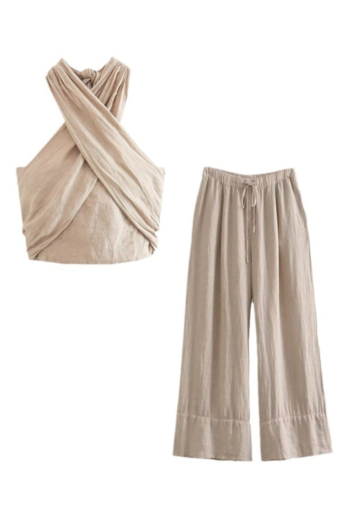 Arolora linen-crisscross-halterneck-tank-pants-suits