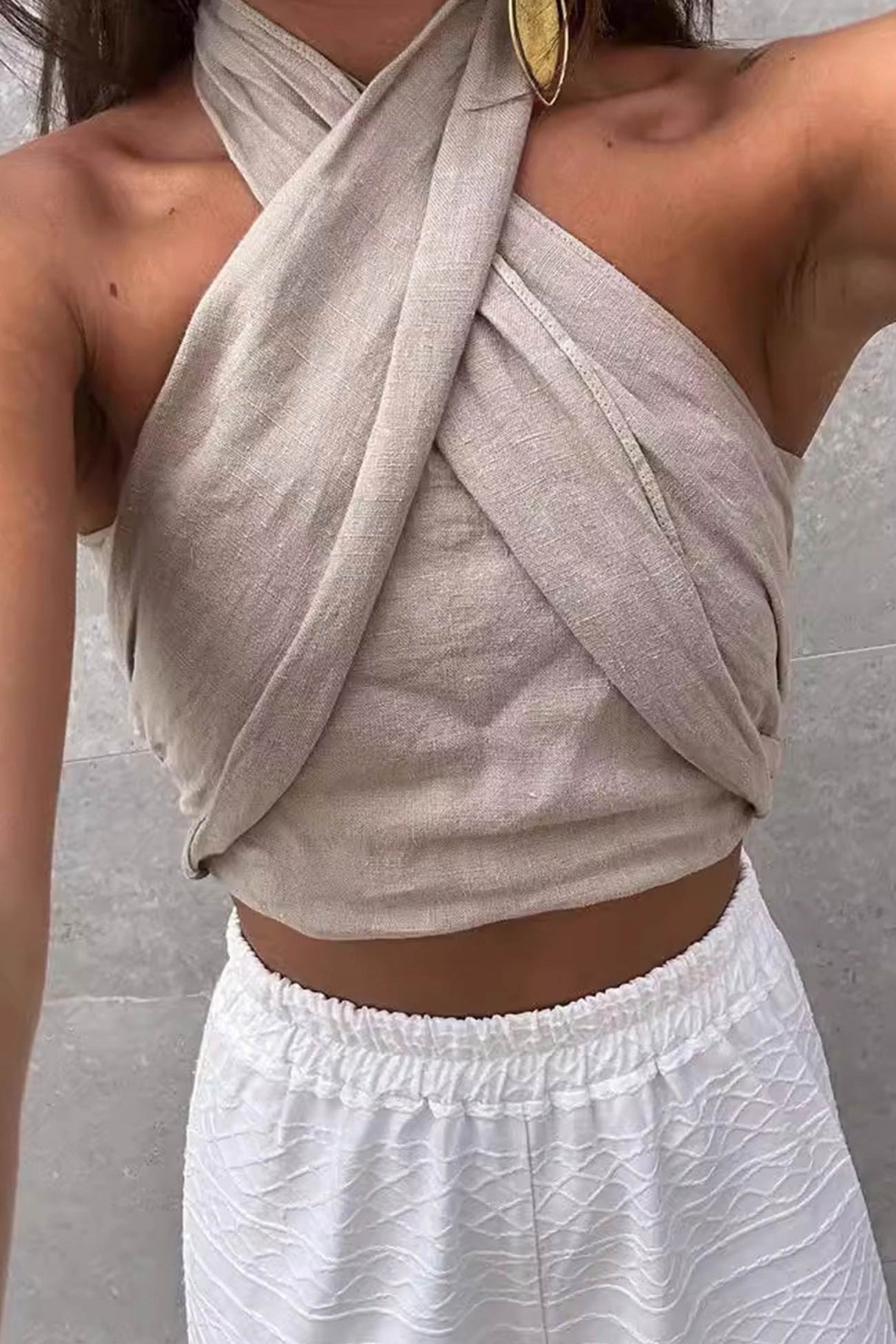 Arolora linen-crisscross-halterneck-tank-pants-suits