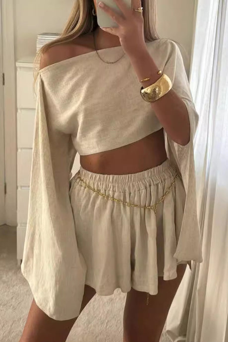 Linen Off Shoulder Crop Top Shorts Set