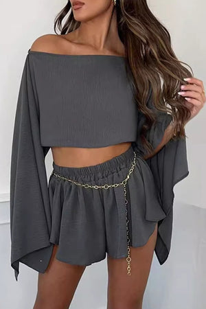 Linen Off Shoulder Crop Top Shorts Set