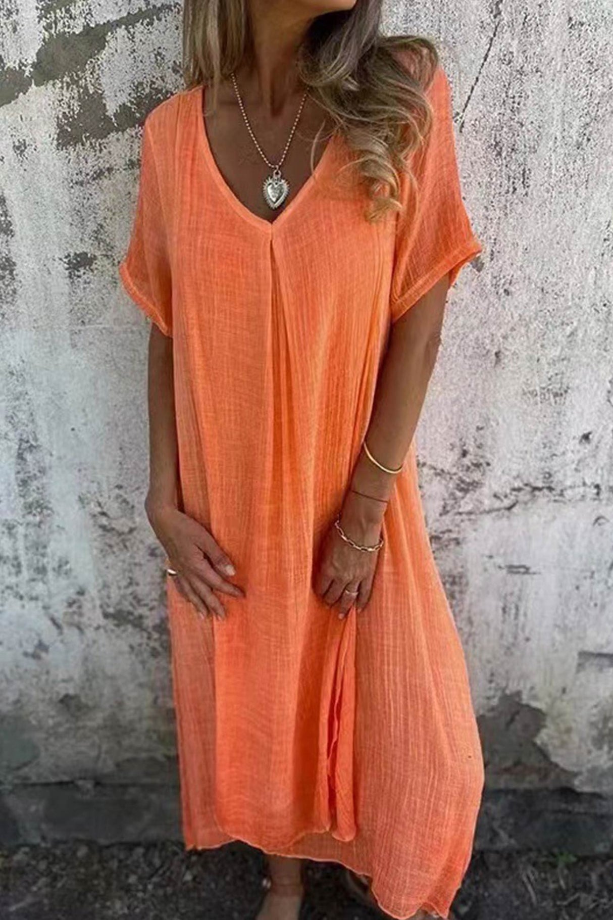 Cotton Solid V Neck Midi Dress