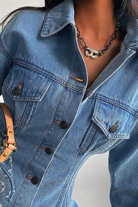 Arolora long-sleeve-button-down-waisted-denim-dress