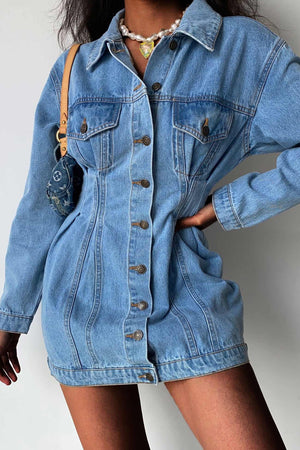 Arolora long-sleeve-button-down-waisted-denim-dress